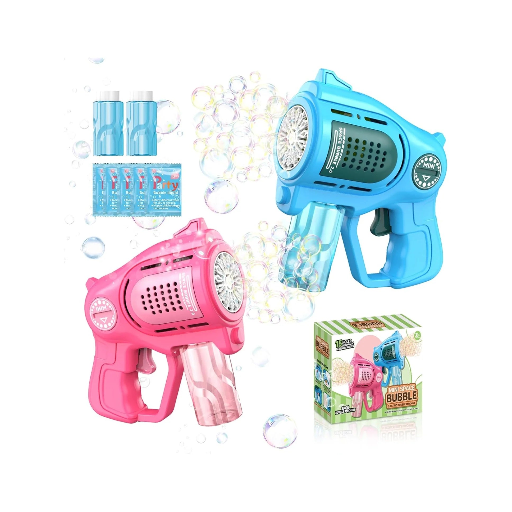 2-Pack Bubble Gun for Toddlers 1-3 Kids 4-8, 15-Holes Automatic Bubble Machine Blower Blaster Maker with 2 Bottles Solution, Easter Party Favors Summer Outdoors Wedding Toys Gifts for Boys Girls