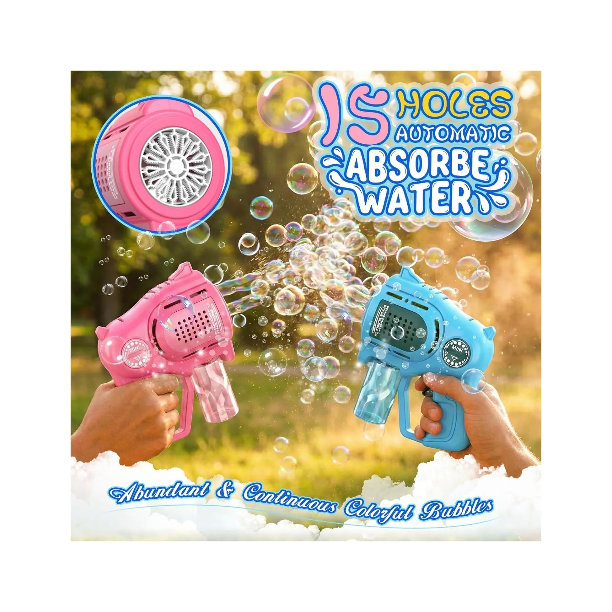 2-Pack Bubble Gun for Toddlers 1-3 Kids 4-8, 15-Holes Automatic Bubble Machine Blower Blaster Maker with 2 Bottles Solution, Easter Party Favors Summer Outdoors Wedding Toys Gifts for Boys Girls